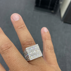 Geometric Cocktail <b>Ring</b> With Emerald Cut Cubic Zirconia Channel Setting Rhodium Plated Stainless Steel Modern Party Jewelry - Product Image 1