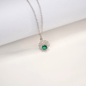 925 Sterling Silver Halo <b>Pendant</b> Necklace, Round Cut Lab Created <b>Emerald</b> with CZ Accent - Product Image 5