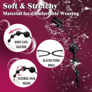 アナルビーズ付きバットプラグ、ペニスリング付き、男女兼用、柔軟なシリコン製前立腺マッサージ器、段階的なデザインのアナルプラグ - Product Image 2
