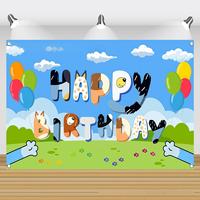 Toile de fond photo en coton bleu 5x3ft, motif dessin animé Joyeux Anniversaire pour enfants, garçons et filles, accessoires de photomaton pour fête d'anniversaire