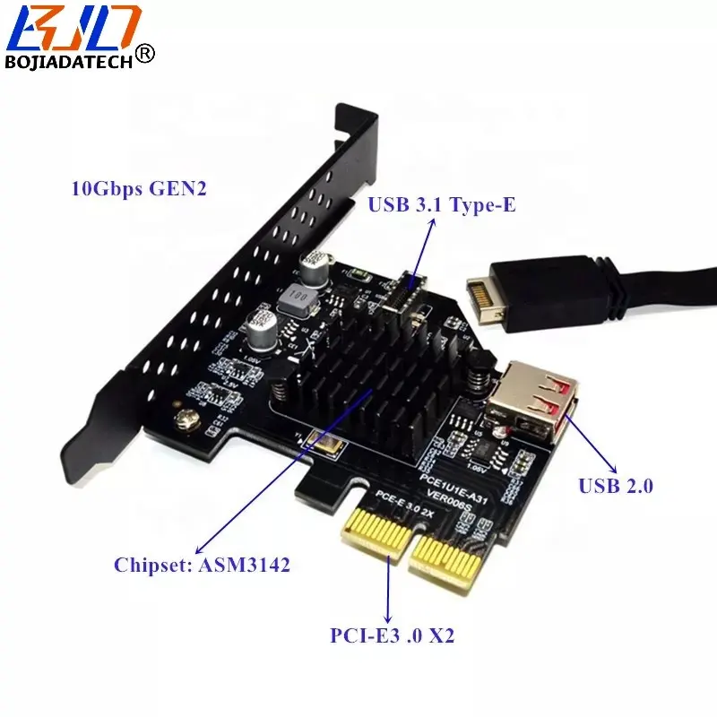 Carte d'extension PCI-E 3.0 2X vers USB 3.1 Type-E 10Gbps ASM3142 pour panneau avant d'ordinateur de bureau