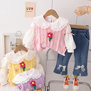 Guangzhou Vestuário Atacado Primavera e Outono Sweet Sweaters Conjunto de Roupas Infantis Toddler Girls' Shirt Top + Jeans