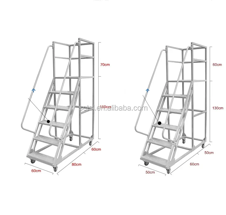 China Aluminium Platform Veiligheidsladders Magazijn Staal Gemakkelijk Te Verplaatsen Zware Veiligheidsplatform Ladder Met Wielen