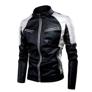 Veste en cuir patchwork pour homme, style rétro tendance, design bicolore noir et blanc, pour motards urbains - Product Image 3