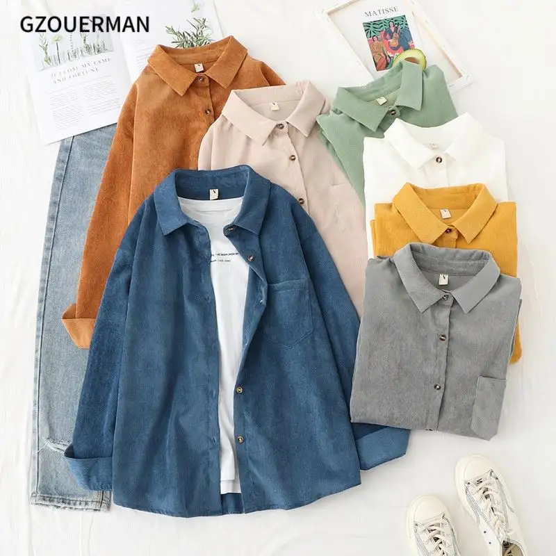 2021 New Fashion Women Corduroy Shirts Tops Blouses Long Sleeve Spring Ladies Solid Color Loose Boyfriend Style Shirt