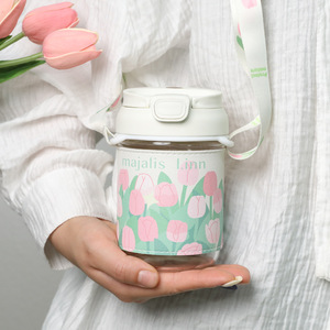 Majalis Linn Tulip Pattern Glass Water Bottle With Lid And Strap Leak Proof Spring Gift Cup - Product Image 1