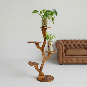 Soporte de Madera Tallado a Mano para Plantas, Exhibidor Rústico de Interior con Forma de Árbol para Plantas Verdes, Decoración del Hogar - Product Image 1