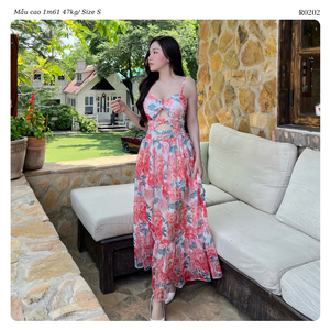 Vestido Maxi de Gasa con Estampado Floral Acuarela para Mujer, Cuello Corazón, Espalda Descubierta, Tirantes Finos, Casual y Elegante, Venta al por Mayor ODM, Colección Otoño - Product Image 4