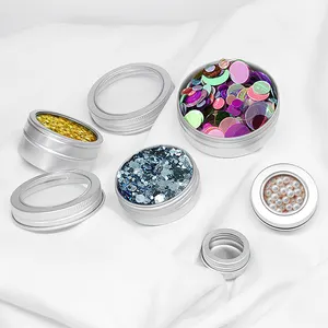 Exquisite Aluminum Round Metal Tin Box Custom Saffron Tin Paillettes Nail Sequin Box Metal Packaging Box With Clear Window Lid