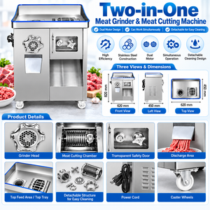 Broyeur et coupe-viande commercial 2 en 1, double moteur, fonctionnement simultané, 400 kg/h, machine de transformation de la viande en acier inoxydable - Product Image 2