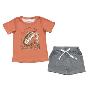 RTS 아기 소년 유아 반소매 낚시 오렌지 티셔츠 탑 반바지 회색 부티크 의상 여름 의류 세트