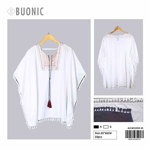 Robe de plage d'été pour femme HDJ, col en V, broderie à pompons, coupe ample, longueur midi, maillot de bain 85*80CM, polyester blanc W22054-34 - Product Image 4
