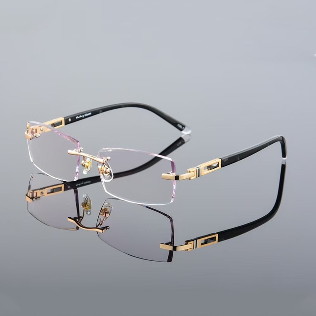 Alloy Diamond Trimmed Optical Glasses Gradient Grey Tint Plano Prescription Lenses Fashionable Solid Style Rimless Frame