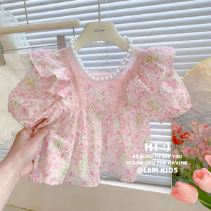 Tongxingyuan Girls Floral Short Sleeve Blouse Pink Lace Trim Summer 2025 Breathable Cotton Poplin Shirt - Product Image 1