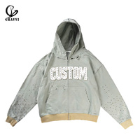 Sweat à capuche unisexe en molleton à fermeture éclair intégrale, personnalisé avec strass, effet vieilli, imprimé automne, coupe oversize, style streetwear vintage, avec patch brodé