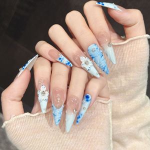 Faux Ongles Longs Stiletto Faits Main à Coller, Nude Bleu Marbré, Ondulation <span class=keywords><strong>Bulle</strong></span>, French Manucure, Fleur Blanche 3D, Lot de 10 Faux Ongles - Product Image 5