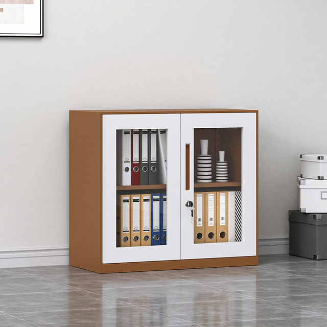 Low Height Office Storage Cabinet Fits Meeting Room for Office Stores Documents Coffee White Glass-Door Cabinet with Shelves