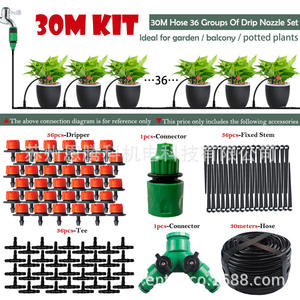Kit d'irrigation goutte à goutte, tuyau de 30 m, 36 goutteurs, connecteur en T, tige fixe pour jardin, balcon, plantes en pot - Product Image 1