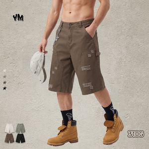 Cargo Capri Overalls for <strong>Men</strong> Vintage Washed Denim Ripped Distressed <strong>Three</strong> <strong>Quarter</strong> <strong>Pants</strong> Casual Streetwear Custom Wholesale - Product Image 2