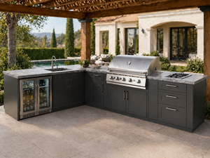 <span class=keywords><strong>Cocina</strong></span> Exterior <span class=keywords><strong>de</strong></span> Lujo en Forma <span class=keywords><strong>de</strong></span> L, Color Gris Oscuro, con Isla para Asados, Encimera <span class=keywords><strong>de</strong></span> Piedra <span class=keywords><strong>de</strong></span> 36 Pulgadas, Refrigerador y Fregadero - Product Image 1