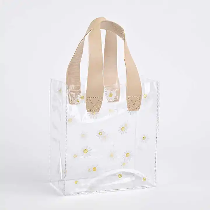 Women Tote Bag Mini Single Flower Bench Handbags Plastic Transparent Clear PVC Gift Bags For Small Business