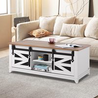 Table basse rectangulaire style ferme avec 2 portes coulissantes, 2 niveaux, rangement durable, étagères amovibles - Blanc naturel pour salon