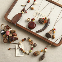 Bijoux perlés DIY en texture naturelle de coquille de noix, tressés, avec pendentifs haricot de la paix et écorce d'acorn, pour colliers, boucles d'oreilles et chaînes de pull