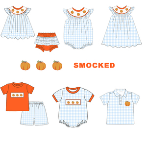 Tenues d'automne pour fillettes, ensembles de vêtements pour enfants, vêtements personnalisés à thème citrouille d'Halloween avec smocks - Product Image 1