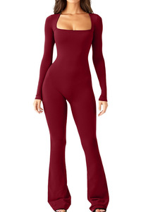 IStapromo Gifts Women's Square Neck Long Sleeve Wide Leg One Piece Active Wear Fitness <b>Workout</b> Gym Sports Yoga Flared <b>Jumpsuit</b> - Product Image 4