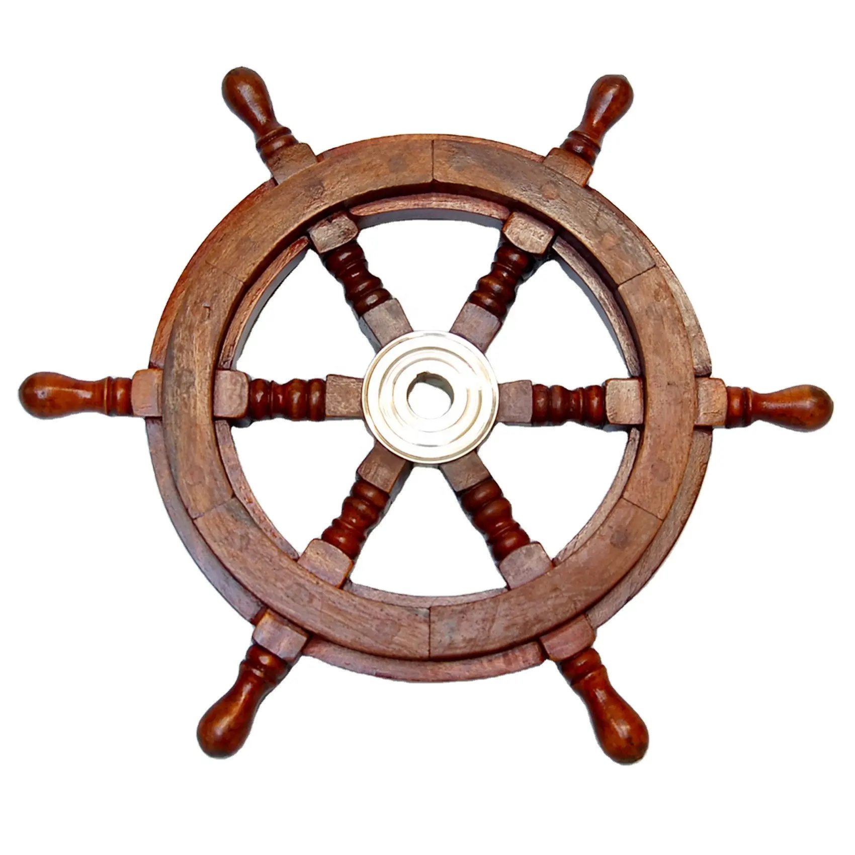 Barco de madeira náutica antiga decorativo, roda com cubo polonês de bronze para casa e hotel