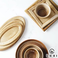 Service de table de luxe en céramique réactive, assiettes et bols vintage beiges, forme ronde, en grès porcelaine pour restaurant