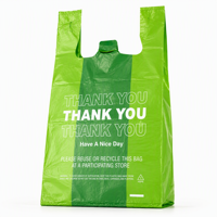 Sacs de courses en plastique HDPE recyclables et imperméables, type T-shirt, avec soufflets latéraux et poignées gilet, vert vif, avec impression 'Thank You Have Nice Day'
