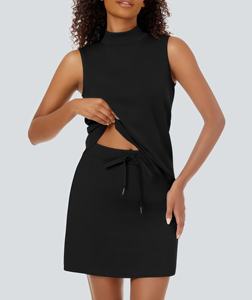 ชุด2ชิ้นแฟชั่นลำลองสำหรับผู้หญิงชุดเทนนิสสั้นยาวถึงเข่าและเสื้อกั๊กคอสูงขนาดเล็กสไตล์ย้อนยุค - Product Image 2