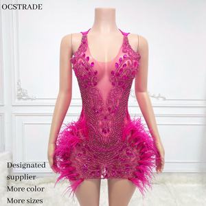 Ocstrade Novo Vestido de Formatura Curto Roxo Elegante com Miçangas e Penas 2025 Vestido de Aniversário Sexy com Strass para Mulheres para Festa e Balada - Product Image 3