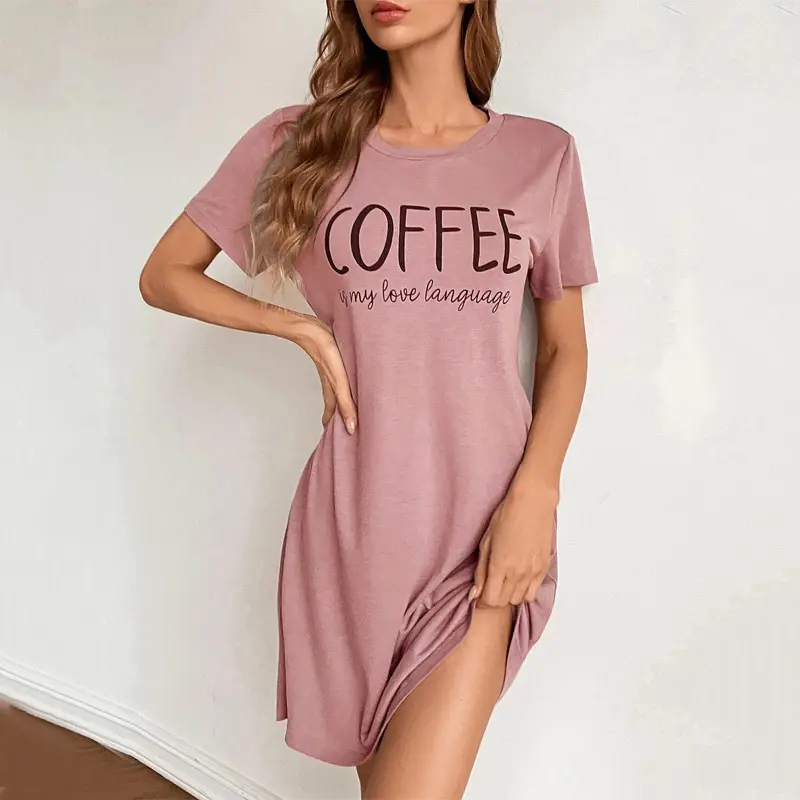 Short-Sleeved Carta Gráfico Impresso Malha Homewear Vestido Casual Mulheres Dormir Vestido Verão T-Shirt De Bambu Para As Mulheres