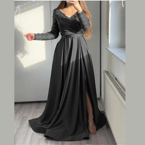 Robe de soirée verte à col en V et manches longues avec fente en dentelle, taille naturelle, strass écologiques pour événements formels - Product Image 2