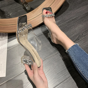 Novedad de Verano, Zapatos de Tacón Alto con Punta Cuadrada y Pedrería, Tacón Grueso Transparente de Cristal para Mujer - Product Image 4