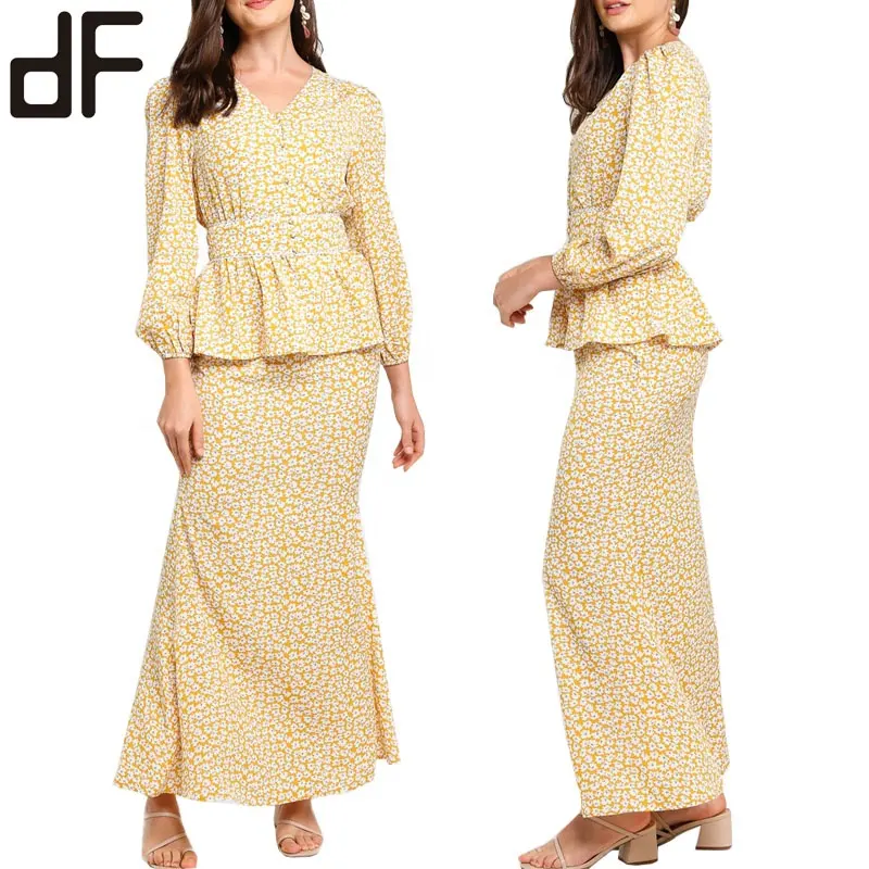 Baju Kurung Modern wanita Muslim, Baju Kurung, Baju atasan blus dan rok, atasan lipit motif bunga, renda Modern, pakaian Muslimah Indonesia