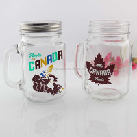 Hoogwaardige gepersonaliseerde logo 16oz 475ml vierkante glazen mason jar voor bier, fruitsap en dranken met handvat en aluminium deksel