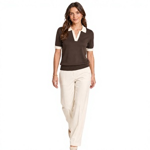 Camiseta de Punto de Algodón 100% Transpirable para Mujer, Manga Corta, Cuello en Contraste, Cuello en V, Dobladillo Acanalado, Informal, para Oficina, Verano, OEM Personalizado - Product Image 1