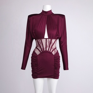 OUDINA Nieuwe 2026 Strakke Stretch Satijnen Elegante Doorschijnende Taille Bodycon Jurk Feestjurk Lange Mouwen Avondjurk - Product Image 5