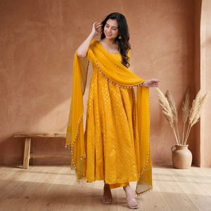 En gros, Ensemble Salwar Kameez Anarkali de luxe couleur moutarde, Robe évasée à imprimé doré, Dupatta, Bordure à pompons de perles, pour mariage indien pakistanais - Product Image 1