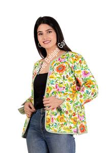 Veste polaire à fleurs matelassée pour femmes main bloc imprimé coton réversible bouton poche manteau d'hiver automne imprimé court Floral - Product Image 2