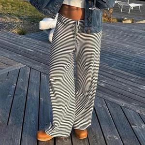 Fashion Sweatpants Style Striped Design Loose Slimming Lace-up Low Waist Casual <b>Pants</b> Women Knit Wide Leg <b>Pants</b> - Product Image 1