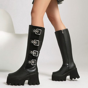 Metal Buckles Chunky Heels Women <b>Knee</b> <b>High</b> Boots Thick Sole Square Toe Long Booties Side Zipper Platform Lace Patchwork Shoes - Product Image 4