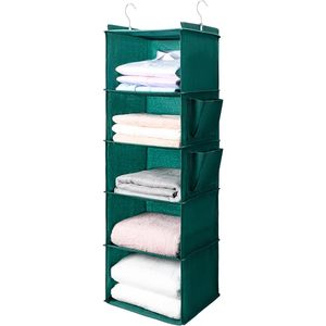 Organisateur de placard suspendu à 5 niveaux avec 2 poches latérales, rangement pliable pour derrière la porte ou à l'angle du mur, vert - Product Image 1