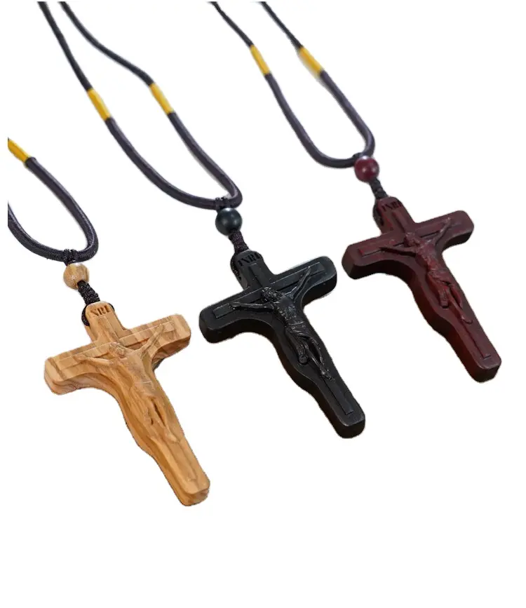 Energinox grosir kayu zaitun rosewood ebony cross dengan tali kalung rosario Kristen