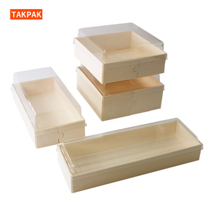 Wholesale Wooden Food Container With Clear Lid Foldable Dessert Sushi Box Custom Unfinished Poplar Wood Gift Packaging