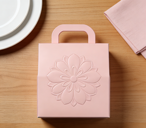 <b>Pink</b> embossed cardboard <b>gift</b> <b>box</b> with handle, featuring integrated handle design -Vietnam FSC Certified Luxury Packaging Factory - Product Image 3