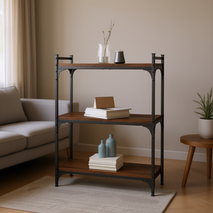 Bibliothèque en bois d'ingénierie chêne brun, 3 niveaux, pieds métalliques réglables, style industriel moderne, meuble de salon - Product Image 2